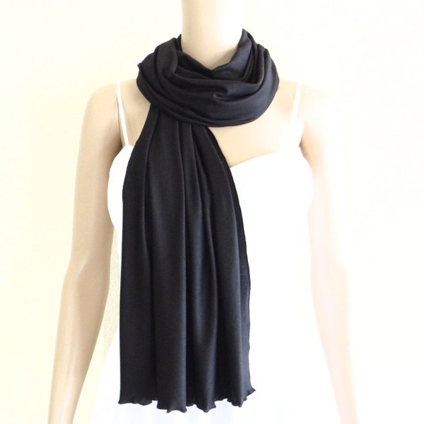 Black Cotton Spandex Wrap Scarf. Black Long Scarf. Soft Black Shawl.