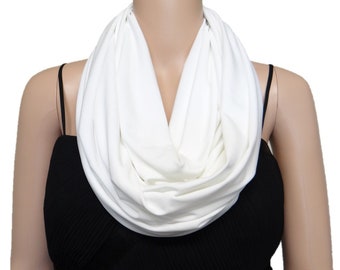 White Circle Scarf. White Fashion Scarf. Infinity Scarf. Loop Scarf. Soft Cotton Spandex Scarf.