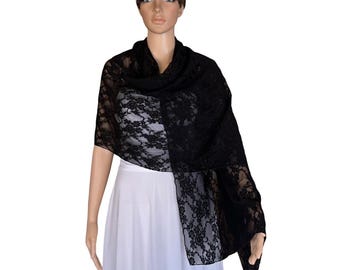 Black Lace Long Scarf. Black Wrap Scarf. Soft Lace Scarf. Black Lace Shawl.