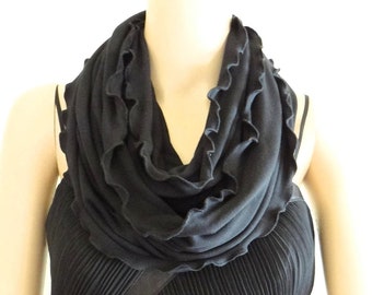 Black Circle Scarf. Ruffle Edge Scarf. Loop Scarf. Soft Cotton Scarf. Fashion Infinity Scarf.
