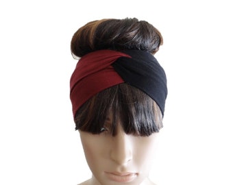 Burgundy And Black Headband. Twist Head Wrap