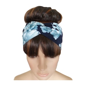 Navy Blue And Teal Blue Floral Twist Headband.  Head Wrap. Twist Head Wrap. Stretch Twist Headband. Soft Cotton Spandex Headband.