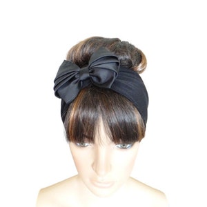 Black Bow Hairband. Black Headband Stretch Head Wrap. Soft Cotton Spandex And Ribbon Hair Wrap.