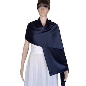 Navy Blue Satin Silk Wrap Scarf. Navy Blue Satin Silk Long Scarf. Soft Shawl.