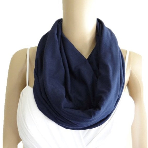 Navy Blue Circle Scarf. Navy Blue Infinity Scarf. Loop Scarf. Soft Cotton Spandex Scarf.