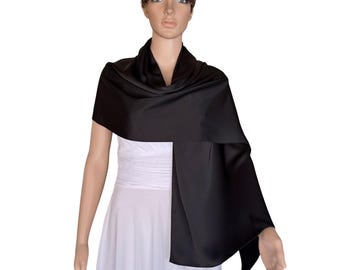 Black Satin Silk Wrap Scarf. Black Satin Silk Long Scarf. Soft