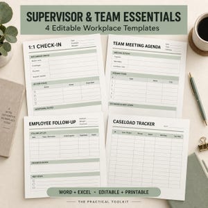Peut inclure: Quatre modèles de documents de travail blancs avec des accents vert sauge intitulés Supervisor & Team Essentials. Les formulaires incluent 1:1 Check-in, Team Meeting Agenda, Employee Follow-up et Caseload Tracker avec des champs vides pour les dates.