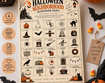 May include: A Halloween neighborhood scavenger hunt checklist printed on cream paper. The grid features 30 numbered boxes with illustrations of spooky items like a jack-o'-lantern, ghost, skeleton, spider web, black cat, witch, bat, and mummy.