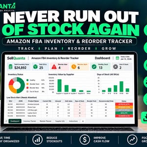 May include: A laptop displaying the SellQuanta Amazon FBA Inventory & Reorder Tracker dashboard with data charts, inventory status, and low stock alerts. A white mug with the SellQuanta logo sits on a stack of books labelled Amazon FBA Inventory.