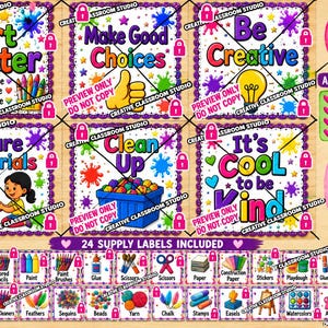 Puede incluir: Un conjunto digital para centro de arte que incluye seis carteles grandes con salpicaduras de pintura coloridas y texto que incluye Art Center, Make Good Choices, Be Creative, Share Materials, Clean Up y It's Cool to be Kind, más 24 etiquetas.