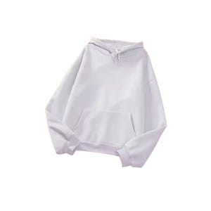 May include: A solid light gray long-sleeve hooded sweatshirt featuring a front kangaroo pocket, a drawstring hood with matching gray cords, and ribbed cuffs at the wrists and hem, providing a clean and simple design for casual wear.