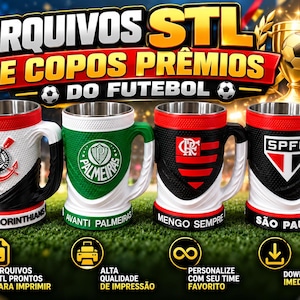 May include: Four cylindrical mugs with metallic interiors and textured exteriors featuring soccer team logos and colors. The mugs display emblems for Corinthians, Palmeiras, Flamengo, and São Paulo, with team-specific text printed on the base rims.