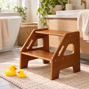 May include: A two-step wooden stool with a warm brown finish, featuring side panels with cutout handles and exposed metal screws. Two yellow rubber ducks are positioned on the floor in front of the stool.