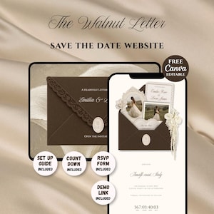 May include: A digital Save the Date website template titled The Walnut Letter, featuring a dark brown envelope with lace trim and an oval seal. The mobile interface displays wedding details, photos, and a countdown timer, with Canva editable labels.