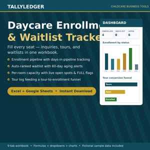 May include: A TallyLedger Daycare Enrollment & Waitlist Tracker digital workbook for Excel and Google Sheets. The dark teal graphic displays a dashboard with enrollment statistics, bar charts, and a tour conversion funnel for childcare business management.