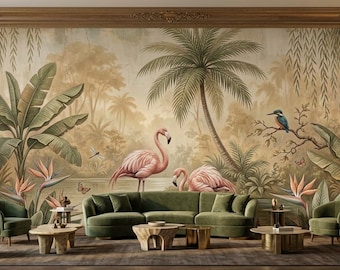 Vintage Tropical Flamingo Mural Peel and Stick Wallpaper, Chinoiserie Wall Art, Retro Jungle Landscape Decor, Maximalist Home Accents