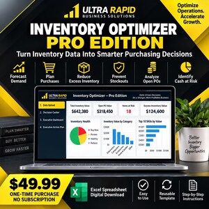 May include: A digital product advertisement for Ultra Rapid Business Solutions Inventory Optimizer Pro Edition. The display shows a laptop screen with data dashboards, charts, and inventory metrics. Text includes Optimize Operations, Accelerate Growth, and $49.99.