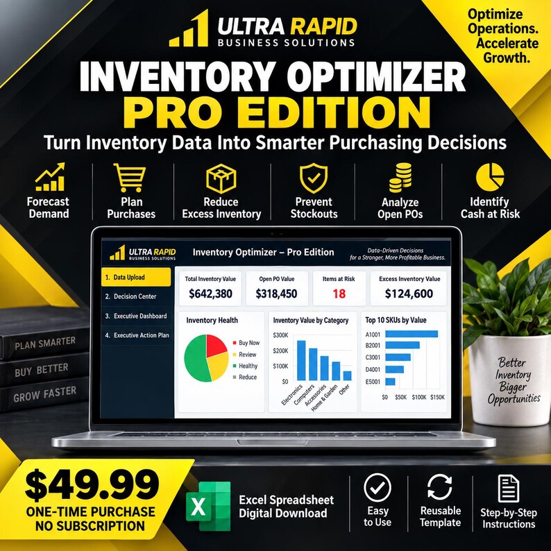 May include: A digital product advertisement for Ultra Rapid Business Solutions Inventory Optimizer Pro Edition. The display shows a laptop screen with data dashboards, charts, and inventory metrics. Text includes Optimize Operations, Accelerate Growth, and $49.99.