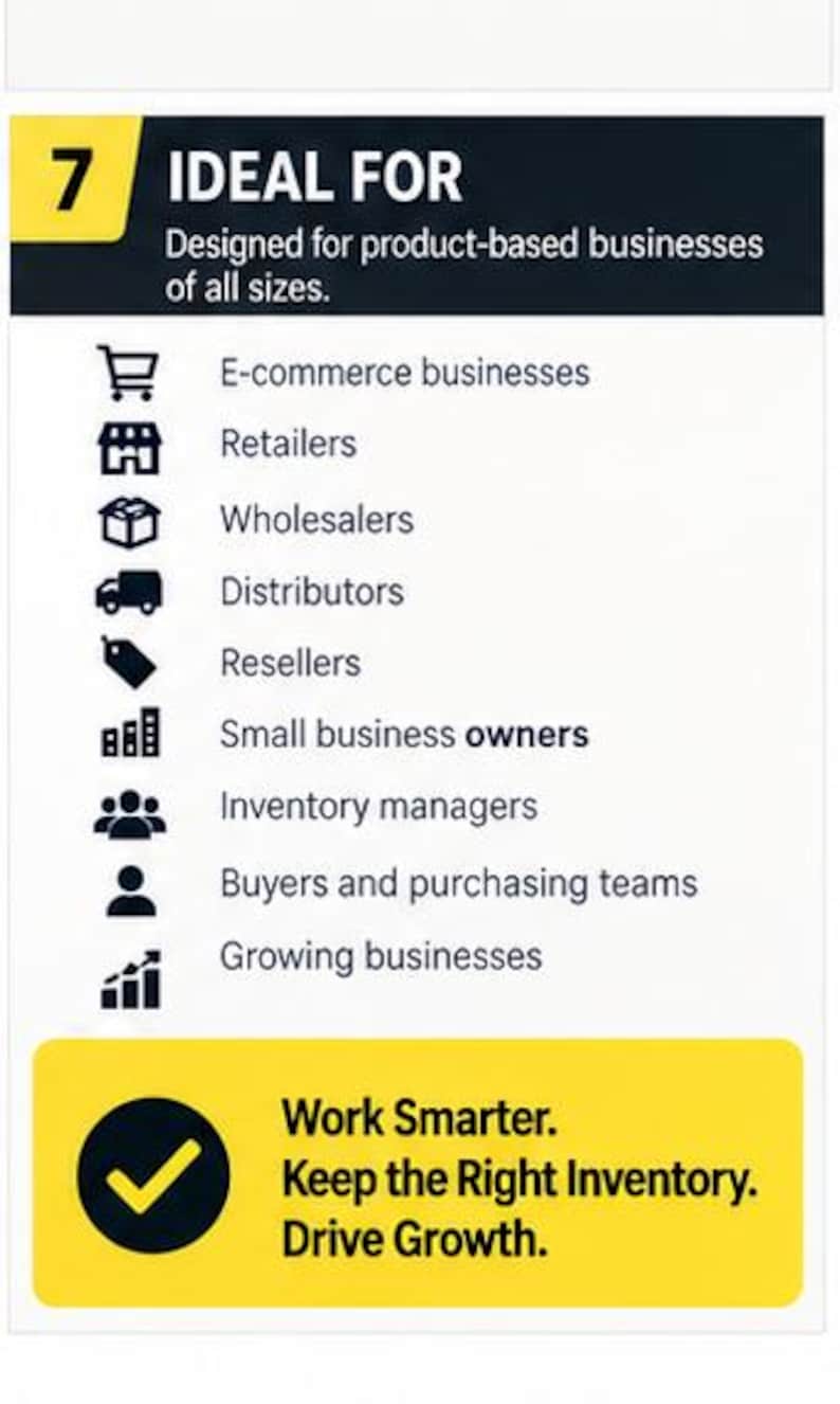 May include: A white informational graphic with a yellow header containing the number 7 and the text IDEAL FOR. Below, a list of business types is displayed with icons, followed by a yellow footer with a checkmark and the text Work Smarter. Keep the Right Inventory. Drive Growth.