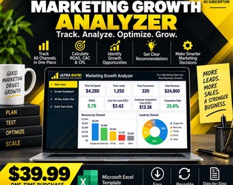 Marketing Analytics Spreadsheet | ROAS, CAC & CPL Calculator | Marketing Performance Dashboard Excel Template