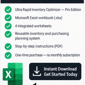May include: A digital product information graphic titled 8 WHAT YOU RECEIVE featuring a list of items including the Ultra Rapid Inventory Optimizer Pro Edition, a Microsoft Excel workbook, four integrated worksheets, and PDF instructions.