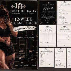 May include: A spiral-bound 12-week strength builder workout journal titled Built By Baily. The cover features a person in a gym setting, while the interior pages display a programme overview, weekly workouts, a log, progress tracker, and habit tracker.