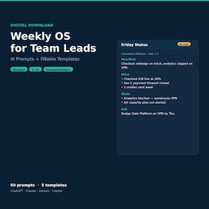 May include: A digital download template titled Weekly OS for Team Leads with AI prompts and fillable sections. It features a Friday Status card showing project headlines, wins, risks, and asks, plus labels for status, 1:1s, and stakeholders.