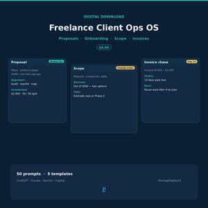 Puede incluir: Una descarga digital titulada Freelance Client Ops OS con secciones para propuestas, incorporación, alcance y facturas. La interfaz muestra tarjetas para Proposal, Scope e Invoice chase con detalles del proyecto, estados y un pie de página que enumera 50 prompts y 5 plantillas para herramientas de IA como ChatGPT, Claude, Gemini y Copilot.