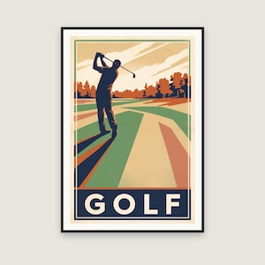 Puede incluir: Un póster enmarcado con una ilustración estilizada de un golfista en pleno swing sobre un campo con secciones geométricas verdes, beige y naranjas. La silueta del golfista es azul oscuro y la palabra GOLF aparece en blanco sobre una base azul.