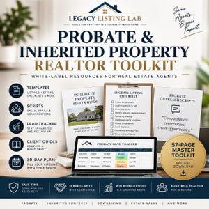 Peut inclure: Un kit d'outils marketing pour agents immobiliers intitulé Legacy Listing Lab, comprenant un guide de 57 pages, une liste de contrôle pour successions, un guide vendeur, des scripts de contact et un suivi de prospects sur écran d'ordinateur.