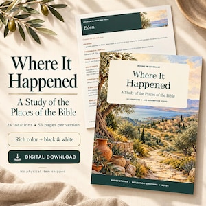 Könnte beinhalten: Ein digitaler Studienführer mit dem Titel Where It Happened: A Study of the Places of the Bible. Das Cover zeigt eine Landschaftsillustration eines Steinpfads, der zu einem Dorf führt, mit Tontöpfen im Vordergrund. Enthält 24 Orte und 56 Seiten.