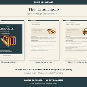 Könnte beinhalten: Ein 70-seitiges digitales Arbeitsbuch mit dem Titel The Tabernacle: A Journey Through God's Dwelling Place. Es enthält 20 Lektionen, schriftbasierte Studien und reichhaltige Illustrationen, inklusive farbiger und schwarz-weißer PDF-Ausgaben.