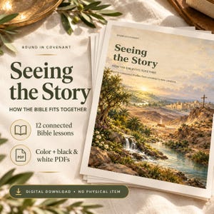 Könnte beinhalten: Ein Stapel Studienhefte mit dem Titel Seeing the Story: How the Bible Fits Together. Das Cover zeigt eine Landschaftsillustration mit einem Fluss, Bäumen und einem Kreuz. Der Text umfasst 12 Bibellektionen sowie farbige und schwarz-weiße PDFs.