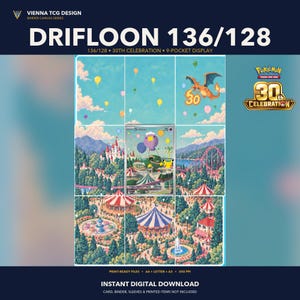 May include: A digital display of a Drifloon 136/128 Pokemon card artwork arranged in a 9-pocket grid. The image features a carnival scene with a castle, roller coaster, and tents under a blue sky with balloons and a Charizard graphic.