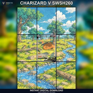 Puede incluir: Una impresión de arte digital de nueve paneles con una carta coleccionable Charizard V SWSH260 centrada en un paisaje de campos verdes, árboles, un arroyo azul y un cielo brillante. El texto dice Charizard V SWSH260.