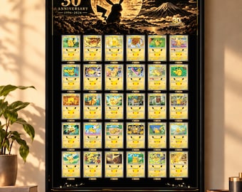 May include: A framed poster featuring a Pokémon 30th Anniversary 1996-2026 graphic with a silhouette of Pikachu against a full moon and Mount Fuji. Below, a grid displays thirty individual Pikachu trading cards on a black background.