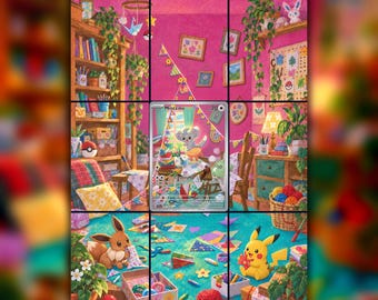 Könnte beinhalten: Ein 9-Taschen-Ordner-Display mit der erweiterten Illustration von Minccino 182/162. Das Bild zeigt einen rosa Raum mit Bücherregalen, Pflanzen und Pokémon-Charakteren wie Eevee und Pikachu, umgeben von Bastelmaterial und buntem Papier.
