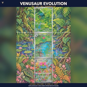 以下が含まれることがあります： 「VENUSAUR EVOLUTION」と題されたデジタルアートプリント。フシギダネ、フシギソウ、フシギバナexの3枚のポケモンカードが描かれています。カードは、緑の葉、ピンクの花、青い池が描かれた詳細なジャングルの背景の上に配置されています。