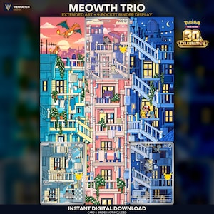 以下が含まれることがあります： 9ポケットバインダーディスプレイ「Meowth Trio」は、アパートの建物のイラストを背景に3枚のポケモンカードを配置しています。リザードン、ヒトカゲ、ピカチュウなどのポケモンキャラクターが、バルコニー、階段、洗濯物のある詳細な都市の風景の中に描かれており、夕暮れと夜空が表現されています。