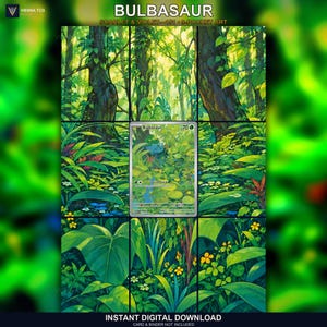 Pode incluir: Uma impressão de arte digital apresentando uma grade de nove painéis de uma cena de floresta exuberante com uma carta colecionável Bulbasaur centralizada. O texto diz BULBASAUR SCARLET & VIOLET—151—9-POCKET ART e INSTANT DIGITAL DOWNLOAD. A obra exibe folhagem verde vibrante, árvores e pequenas flores amarelas.