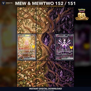 Può includere: Un espositore per raccoglitore a 9 tasche con arte estesa di Mew e Mewtwo. Il design mostra un grande albero che passa da un lato floreale chiaro a un lato cristallino scuro. Il testo include MEW & MEWTWO 152 / 151 e POKEMON 30TH CELEBRATION.
