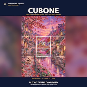 Peut inclure: Une impression numérique présentant une carte à collectionner Cubone centrée sur une illustration en grille de neuf panneaux d'un village au bord d'un canal en automne. La scène inclut des bâtiments en pierre, des feuilles d'érable rouges et Eevee.