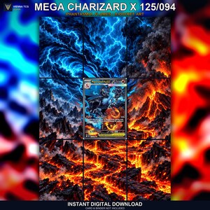May include: A Mega Charizard X 125/094 trading card displayed over a nine-panel grid artwork featuring blue lightning, dark storm clouds, and a volcanic landscape with flowing lava. The text reads Mega Charizard X 125/094 Phantasmal Flames.