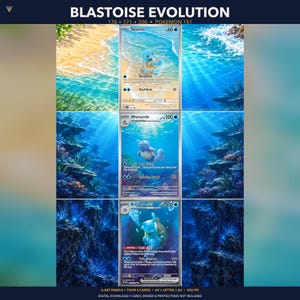 Può includere: Un set di arte digitale Blastoise Evolution con tre carte Pokémon: Squirtle su una spiaggia, Wartortle sott'acqua e Blastoise negli abissi. Il testo recita BLASTOISE EVOLUTION, 170 + 171 + 200, POKEMON 151 e 6 ART PANELS.