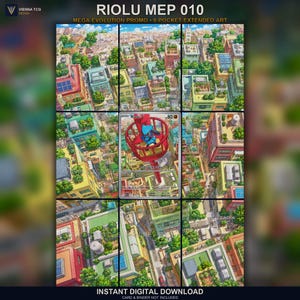 以下が含まれることがあります： RIOLU MEP 010 Mega Evolution Promoと題された9ポケット拡張アートのデジタルデザイン。建物や木々が並ぶカラフルな街を鳥瞰図で描き、赤い円形の構造物の中に立つリオルのキャラクターを中心に配置した画像。