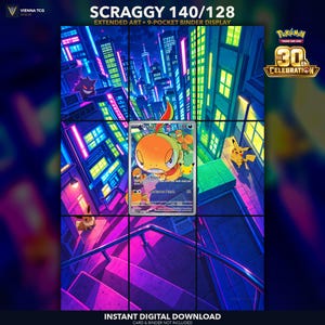 Op de afbeelding: Een digitale weergave met een 9-vaks ordnerindeling voor de uitgebreide illustratie Scraggy 140/128. Het kunstwerk toont een neonverlichte stad bij nacht met diverse Pokémon, waaronder Pikachu, Gengar en Eevee, tegen een levendige stedelijke achtergrond.