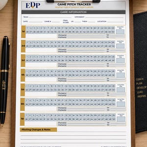May include: A white paper Game Pitch Tracker form on a brown clipboard with a black pen. The form includes sections for game information, seven innings with numbered pitch counts from 1 to 50, pitcher names, and pitch totals. Text includes EDP.