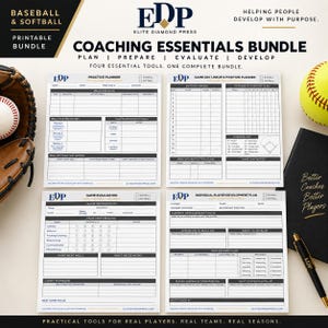 Pode incluir: Um pacote de itens essenciais para treinadores com quatro folhas imprimíveis para beisebol e softbol. Os documentos incluem um planejador de treinos, alinhamento de jogo, avaliação de partida e plano de desenvolvimento de jogador.