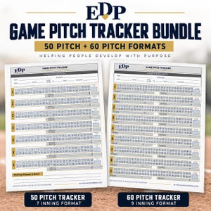May include: Two white paper game pitch tracker sheets with dark blue and gold accents. One sheet features a 50-pitch, 7-inning format, and the other displays a 60-pitch, 9-inning format. Both include fields for team, opponent, date, game number, score, and location.