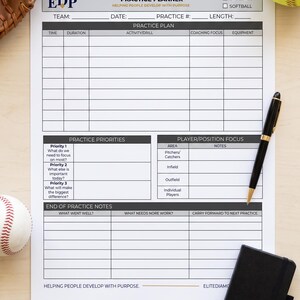 May include: A white practice planner sheet with black text and grid lines. The header reads EDP PRACTICE PLANNER HELPING PEOPLE DEVELOP WITH PURPOSE. It includes sections for team, date, practice, length, practice plan, priorities, player focus, and notes.